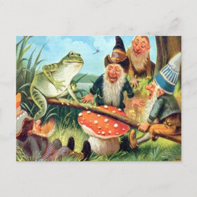 A Gnome and Frog on a Mushroom Seesaw Postcard (Front)