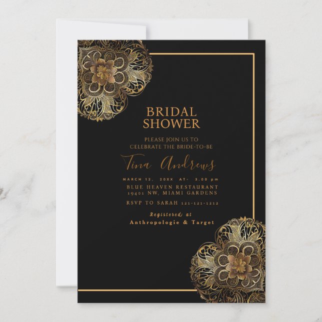 A Gold and Black Bridal Shower Invitation Card (Front)