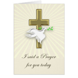 A Golden cross with a white dove prayer card