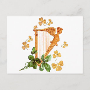 A Golden Irish Harp surrounded by Shamrocks Postcard