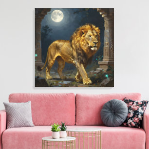 A Golden Lion Strolling under the Moonlight  Canvas Print
