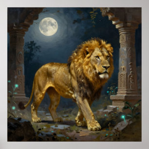 A Golden Lion Strolling under the Moonlight Poster