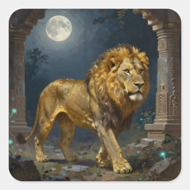 A Golden Lion Strolling under the Moonlight  Square Sticker (Front)