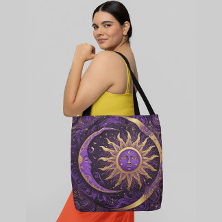 A golden sun and crescent moon intricate pattern tote bag