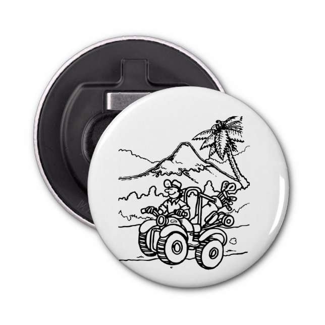 A Golfer playing golf with his four wheeler Bottle Opener (Front)