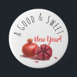 A Good & Sweet New Year! Holiday Pomegranates Butt<br><div class="desc">Happy Rosh Hashanah Jewish New Year Holiday Pomegranates Watercolor Illustration. Shana Tova! Hebrew Wishes text. "A Good & Sweet New Year!" Calligraphy Text, Pomegranates Watercolor Illustration - for Back Side design. Vintage, Autumn Holiday Festival, Birthday, Sukkot. Judaica. Hand Drawn Watercolor. Accessories > Buttons & Patches > Buttons. Design with custom...</div>