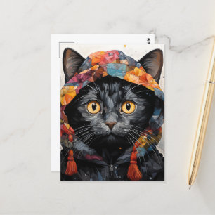 A Gorgeous Black Cat in a Colourful Jacket Postcard