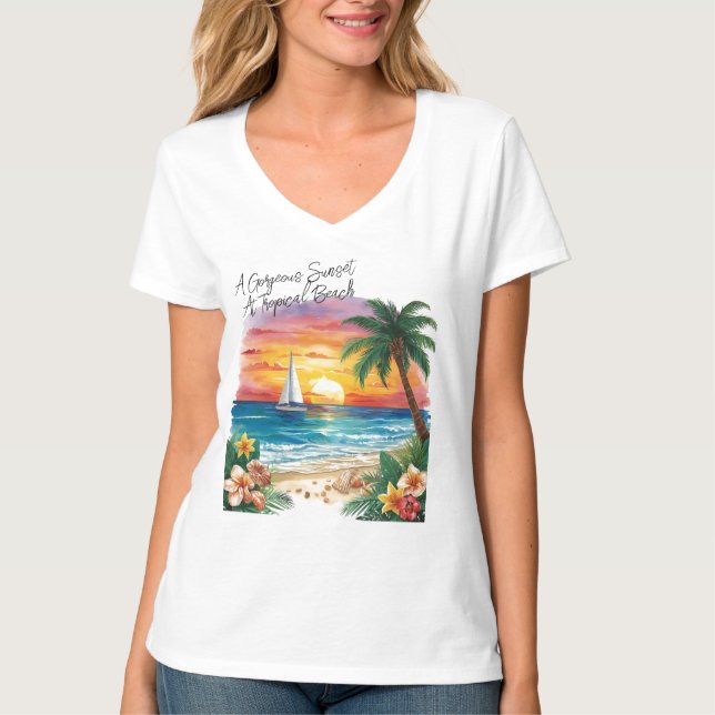 A Gorgeous Sunset At Tropical Beach, Vacation,  T- T-Shirt (Front)