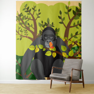 A gorilla is mesmerised by a butterfly tapestry