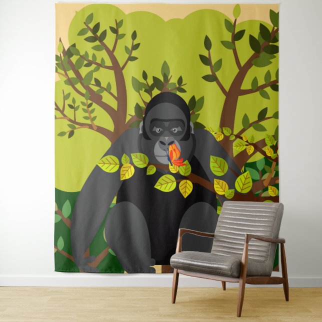 A gorilla is mesmerised by a butterfly tapestry (In Situ)