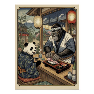 A gorilla who became a sushi chef -Ukiyo-e Style- Poster