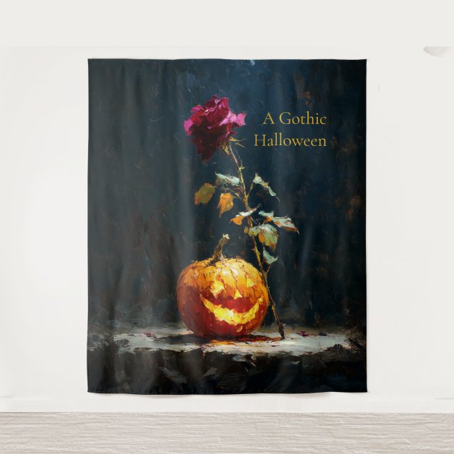 A Gothic Halloween Pumpkin and Rose Tapestry (Front)