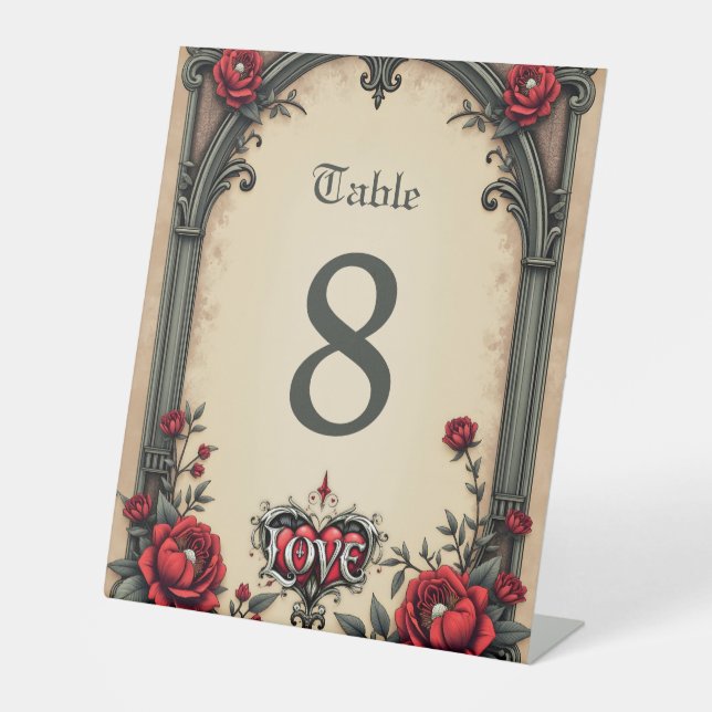 A gothic romance. An ornate, gothic-style  Pedestal Sign (Front)