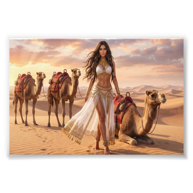 A Graceful Woman with Camels at Sunset Photo Print (Front)