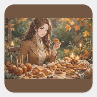 A graceful young woman enjoys a tiny golden tart square sticker