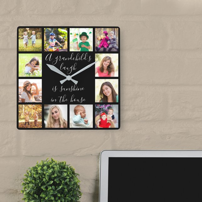 A Grandchild's Laugh Quote 12 Photo Black Square Wall Clock (Happy quote and lovely photo gift between grandchildren and grandparents)