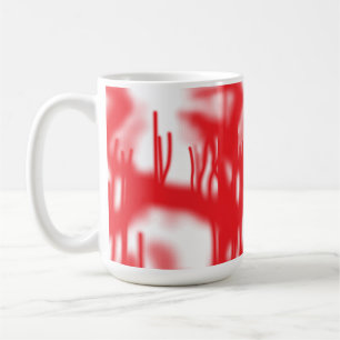 A graphic design featuring bold red and orange sha coffee mug