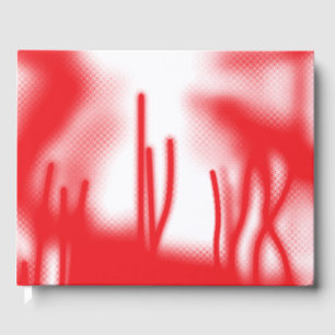 A graphic design featuring bold red and orange sha guest book