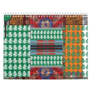 a green and black pattern with a tree in the middl calendar