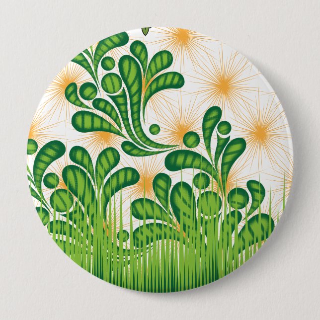 A green and gold artistic pattern depicting a tree 10 cm round badge (Front)