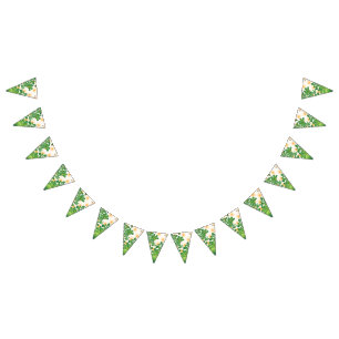 A green and gold artistic pattern depicting a tree bunting 