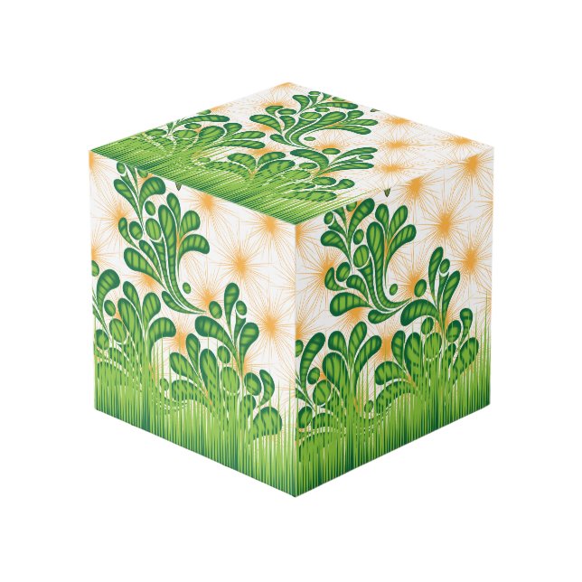 A green and gold artistic pattern depicting a tree cube (Front Angled)