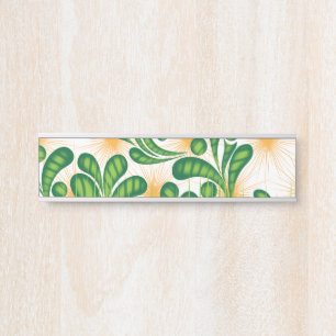 A green and gold artistic pattern depicting a tree door sign