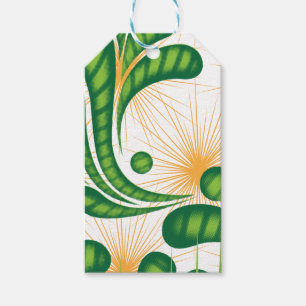 A green and gold artistic pattern depicting a tree gift tags