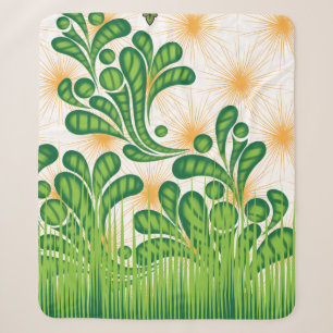 A green and gold artistic pattern depicting a tree sherpa blanket
