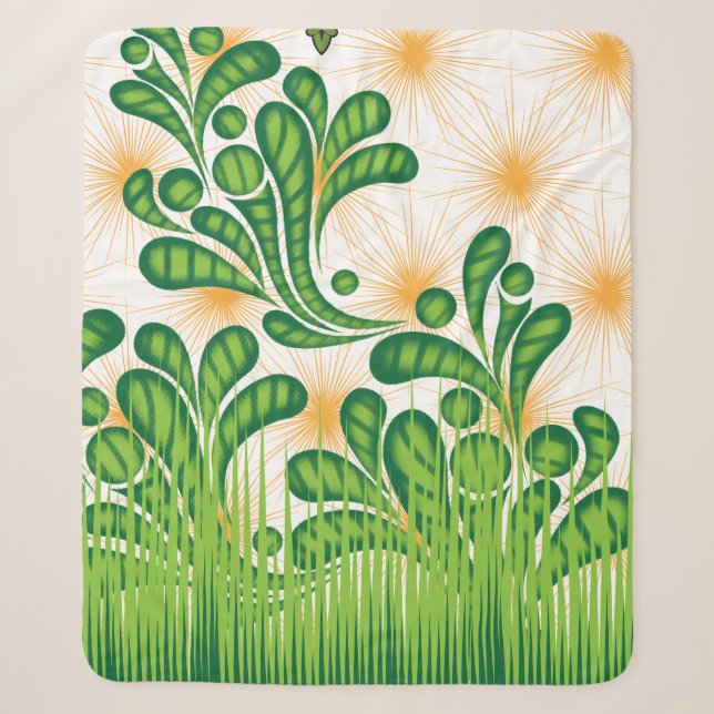 A green and gold artistic pattern depicting a tree sherpa blanket (Front)