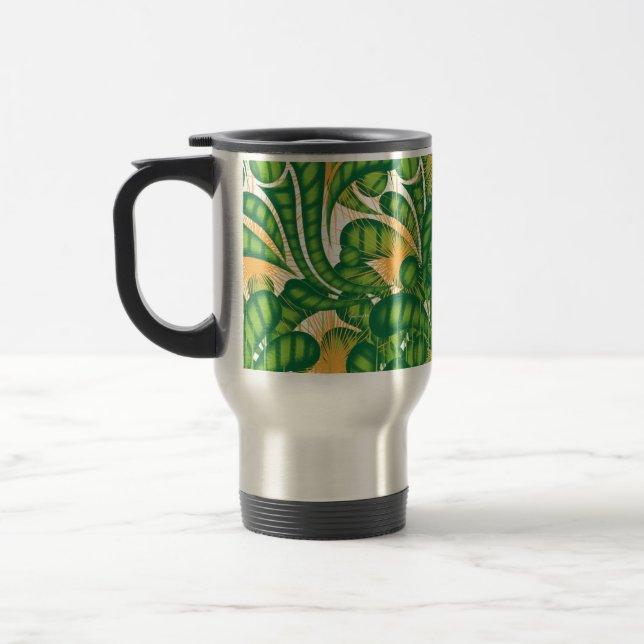 A green and gold artistic pattern depicting a tree travel mug (Left)