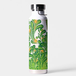 A green and gold artistic pattern depicting a tree water bottle