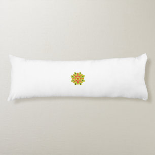 a green and red flower with black dots body cushion