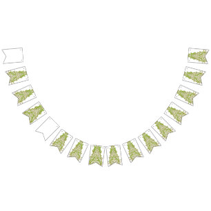 a green and white wallpaper with ornate designs bunting 