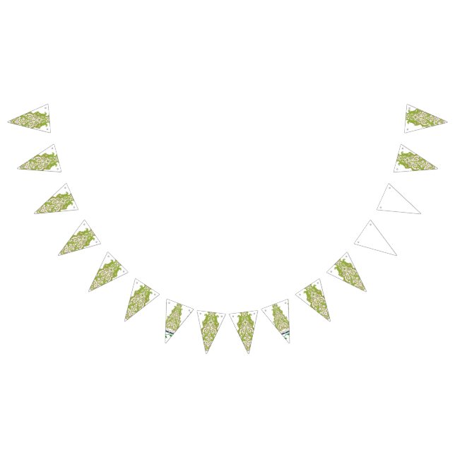 a green and white wallpaper with ornate designs bunting  (All)