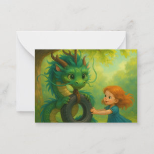 A Green Asian Baby Dragon with Puppy Eyes Fantasy Card