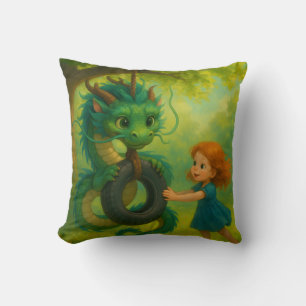A Green Asian Baby Dragon with Puppy Eyes Fantasy Cushion