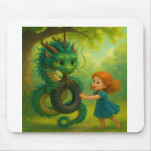 A Green Asian Baby Dragon with Puppy Eyes Fantasy Mouse Pad