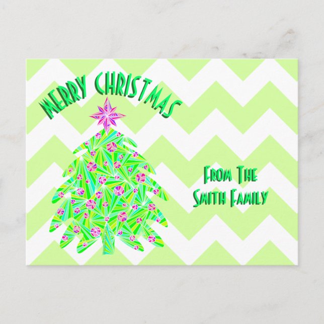 A Green Christmas Tree Colourful Chevron Stripes Holiday Postcard (Front)