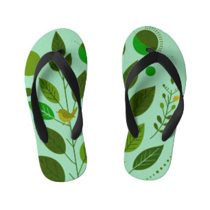 A Green little Bird and Green Leaves Kid's Jandals