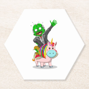 A green Zombie is riding a cute pink Unicorn for Paper Coaster