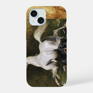 A Grey Arab Stallion Galloping With Dogs iPhone 15 Case