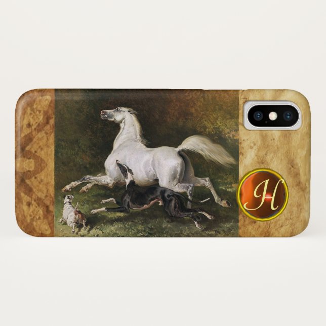 A Grey Arab Stallion Galloping With Dogs Monogram Case-Mate iPhone Case (Back (Horizontal))