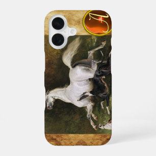 A Grey Arab Stallion Galloping With Dogs Monogram iPhone 16 Case