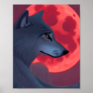A Grey Wolf Staring at a Blood Moon  Poster