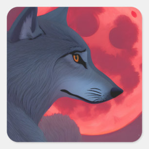 A Grey Wolf Staring at a Blood Moon Square Sticker