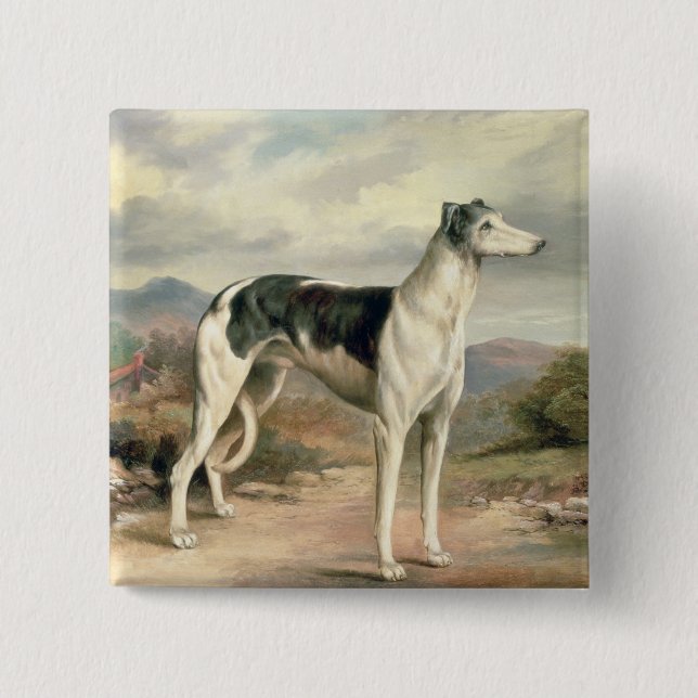 A Greyhound in a hilly landscape 15 Cm Square Badge (Front)