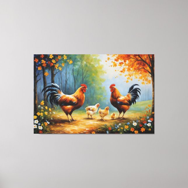 a group of chickens and a rooster canvas print (Front)