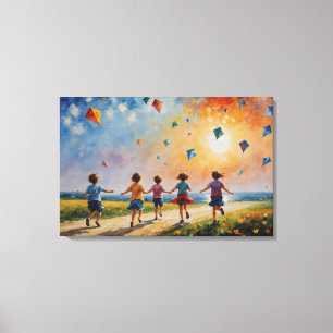 a group of children running with kites canvas print