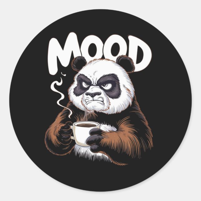 A grumpy panda holding a coffee cup classic round sticker (Front)